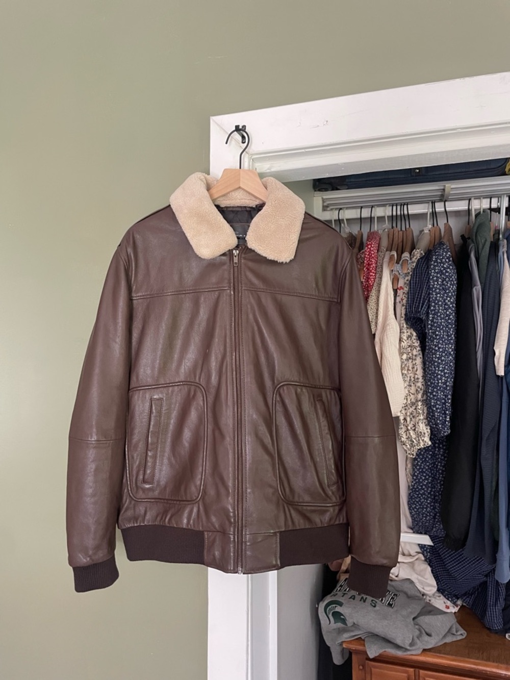 Men's Brown Leather Bomber Jacket with Shearling Collar